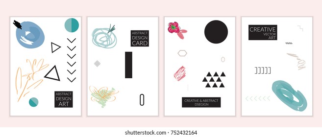 Set of artistic minimal universal card templates in Memphis style with abstract hand drawn doodles. Design for poster, card, invitation. Roughly drawn bright trendy textures. Vector isolated