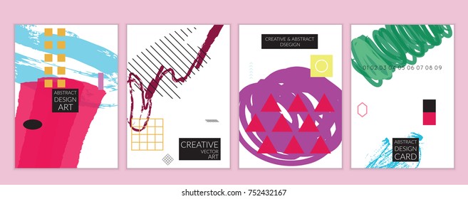 Set of artistic minimal universal card templates in Memphis style with abstract hand drawn doodles. Design for poster, card, invitation. Roughly drawn bright trendy textures. Vector isolated
