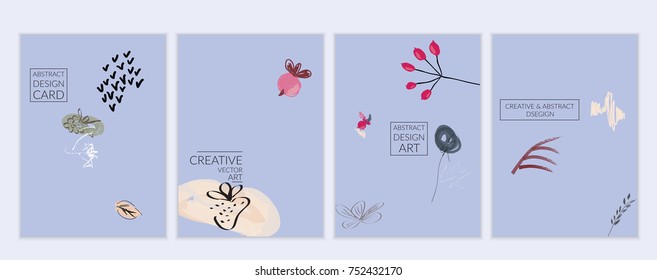 Set of artistic minimal universal card templates with abstract hand drawn doodles. Design for poster, card, invitation. Roughly drawn bright trendy textures. Minimal simple design.Vector isolated