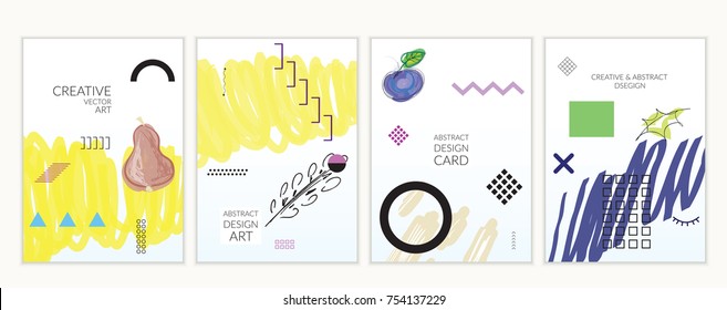 Set of artistic minimal universal card templates in Memphis style with abstract hand drawn doodles. Design for poster, card, invitation. Roughly drawn bright trendy textures. Vector isolated