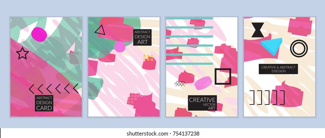 Set of artistic minimal universal card templates in Memphis style with abstract hand drawn doodles. Design for poster, card, invitation. Roughly drawn bright trendy textures. Vector isolated