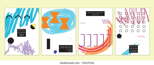 Set of artistic minimal universal card templates in Memphis style with abstract hand drawn doodles. Design for poster, card, invitation. Roughly drawn bright trendy textures. Vector isolated