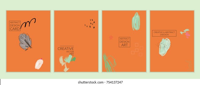 Set of artistic minimal universal card templates with abstract hand drawn doodles. Design for poster, card, invitation. Roughly drawn bright trendy textures. Minimal simple design.Vector isolated