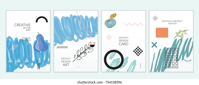 Set of artistic minimal universal card templates in Memphis style with abstract hand drawn doodles. Design for poster, card, invitation. Roughly drawn bright trendy textures. Vector isolated