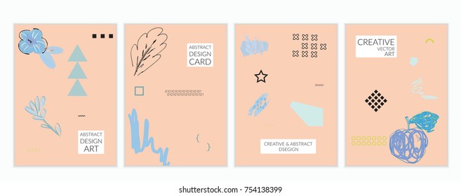 Set of artistic minimal universal card templates in Memphis style with abstract hand drawn doodles. Design for poster, card, invitation. Roughly drawn bright trendy textures. Vector isolated