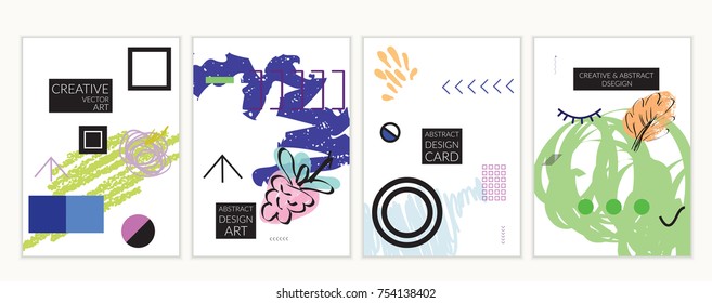 Set of artistic minimal universal card templates in Memphis style with abstract hand drawn doodles. Design for poster, card, invitation. Roughly drawn bright trendy textures. Vector isolated