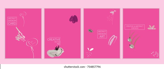 Set of artistic minimal universal card templates with abstract hand drawn doodles. Design for poster, card, invitation. Roughly drawn bright trendy textures. Minimal simple design.Vector isolated