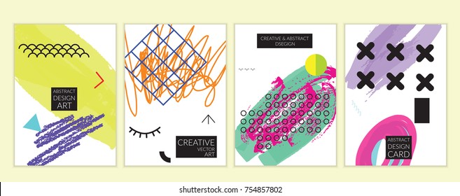 Set of artistic minimal universal card templates with abstract hand drawn doodles. Design for poster, card, invitation. Roughly drawn bright trendy textures. Minimal simple design.Vector isolated
