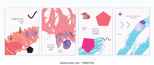 Set of artistic minimal universal card templates with abstract hand drawn doodles. Design for poster, card, invitation. Roughly drawn bright trendy textures. Minimal simple design.Vector isolated