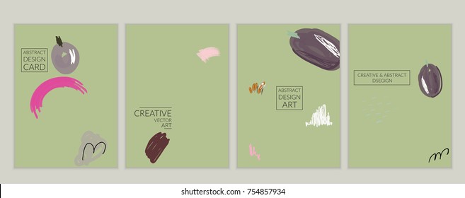 Set of artistic minimal universal card templates with abstract hand drawn doodles. Design for poster, card, invitation. Roughly drawn bright trendy textures. Minimal simple design.Vector isolated