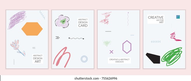 Set of artistic minimal universal card templates in Memphis style with abstract hand drawn doodles. Design for poster, card, invitation. Roughly drawn bright trendy textures. Vector isolated