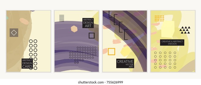 Set of artistic minimal universal card templates in Memphis style with abstract hand drawn doodles. Design for poster, card, invitation. Roughly drawn bright trendy textures. Vector isolated