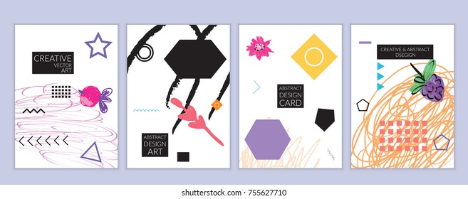 Set of artistic minimal universal card templates in Memphis style with abstract hand drawn doodles. Design for poster, card, invitation. Roughly drawn bright trendy textures. Vector isolated