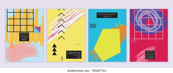 Set of artistic minimal universal card templates in Memphis style with abstract hand drawn doodles. Design for poster, card, invitation. Roughly drawn bright trendy textures. Vector isolated