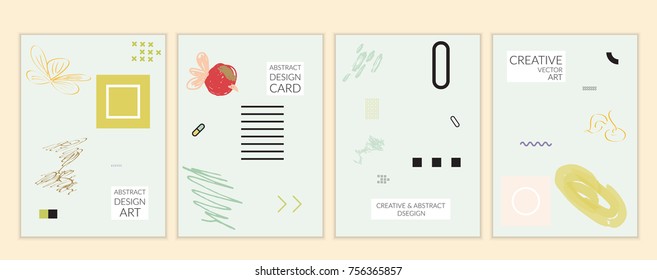 Set of artistic minimal universal card templates in Memphis style with abstract hand drawn doodles. Design for poster, card, invitation. Roughly drawn bright trendy textures. Vector isolated