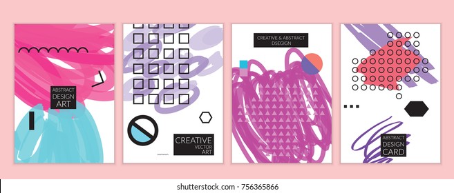 Set of artistic minimal universal card templates in Memphis style with abstract hand drawn doodles. Design for poster, card, invitation. Roughly drawn bright trendy textures. Vector isolated