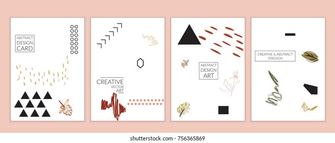 Set of artistic minimal universal card templates in Memphis style with abstract hand drawn doodles on white. Design for poster, card, invitation. Roughly drawn bright trendy textures. Vector isolated