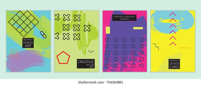 Set of artistic minimal universal card templates in Memphis style with abstract hand drawn doodles. Design for poster, card, invitation. Roughly drawn bright trendy textures. Vector isolated