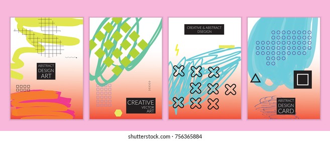 Set of artistic minimal universal card templates in Memphis style with abstract hand drawn doodles. Design for poster, card, invitation. Roughly drawn bright trendy textures. Vector isolated