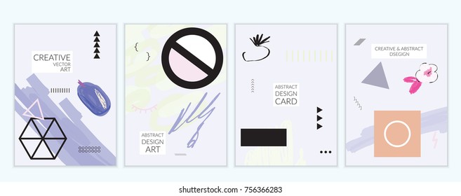 Set of artistic minimal universal card templates in Memphis style with abstract hand drawn doodles. Design for poster, card, invitation. Roughly drawn bright trendy textures. Vector isolated