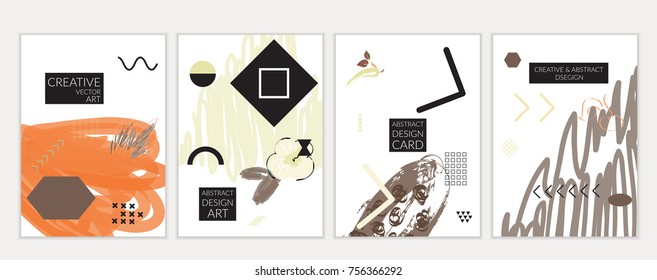 Set of artistic minimal universal card templates in Memphis style with abstract hand drawn doodles. Design for poster, card, invitation. Roughly drawn bright trendy textures. Vector isolated