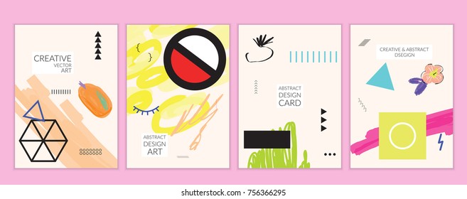 Conjunto de Plantillas de tarjetas universales minimalistas artísticas en estilo de Memphis con garabatos dibujados a mano abstractos. Diseño para cartel, tarjeta, invitación. Texturas de moda brillantes dibujadas a grandes rasgos. Vector aislado