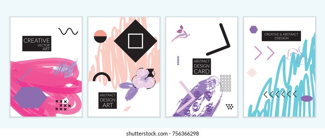 Set of artistic minimal universal card templates in Memphis style with abstract hand drawn doodles. Design for poster, card, invitation. Roughly drawn bright trendy textures. Vector isolated
