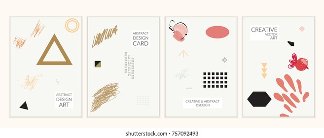 Set of artistic minimal universal card templates in Memphis style with abstract hand drawn doodles. Design for poster, card, invitation. Roughly drawn bright trendy textures. Vector isolated