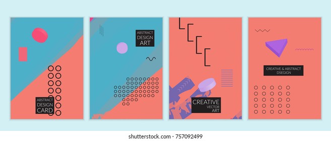 Set of artistic minimal universal card templates in Memphis style with abstract hand drawn doodles. Design for poster, card, invitation. Roughly drawn bright trendy textures. Vector isolated