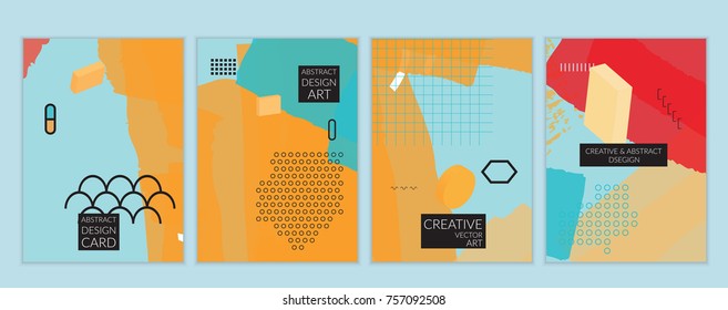 Set of artistic minimal universal card templates in Memphis style with abstract hand drawn doodles. Design for poster, card, invitation. Roughly drawn bright trendy textures. Vector isolated