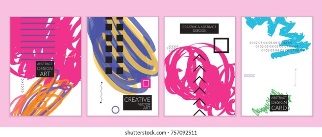Set of artistic minimal universal card templates in Memphis style with abstract hand drawn doodles. Design for poster, card, invitation. Roughly drawn bright trendy textures. Vector isolated