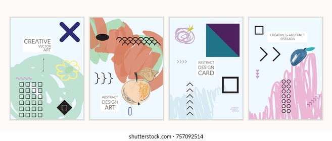 Set of artistic minimal universal card templates in Memphis style with abstract hand drawn doodles. Design for poster, card, invitation. Roughly drawn bright trendy textures. Vector isolated