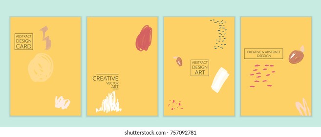 Set of artistic minimal universal card templates in Memphis style with abstract hand drawn doodles. Design for poster, card, invitation. Roughly drawn bright trendy textures. Vector isolated