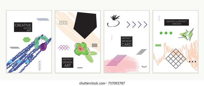 Set of artistic minimal universal card templates in Memphis style with abstract hand drawn doodles. Design for poster, card, invitation. Roughly drawn bright trendy textures. Vector isolated
