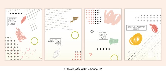 Set of artistic minimal universal card templates in Memphis style with abstract hand drawn doodles. Design for poster, card, invitation. Roughly drawn bright trendy textures. Vector isolated
