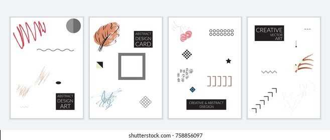 Set of artistic minimal universal card templates in Memphis style with abstract hand drawn doodles. Design for poster, card, invitation. Roughly drawn bright trendy textures. Vector isolated