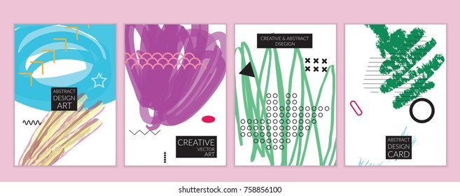 Set of artistic minimal universal card templates in Memphis style with abstract hand drawn doodles. Design for poster, card, invitation. Roughly drawn bright trendy textures. Vector isolated