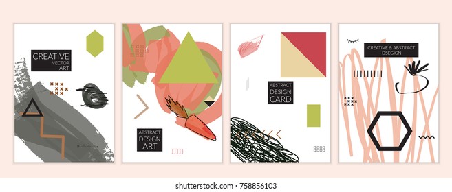 Set of artistic minimal universal card templates in Memphis style with abstract hand drawn doodles. Design for poster, card, invitation. Roughly drawn bright trendy textures. Vector isolated