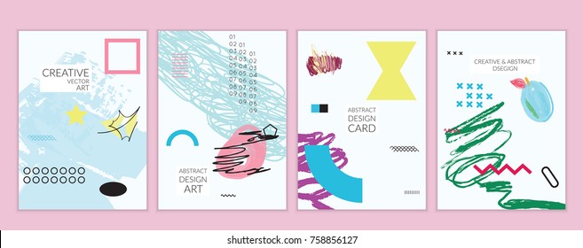 Set of artistic minimal universal card templates in Memphis style with abstract hand drawn doodles. Design for poster, card, invitation. Roughly drawn bright trendy textures. Vector isolated