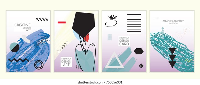 Set of artistic minimal universal card templates in Memphis style with abstract hand drawn doodles. Design for poster, card, invitation. Roughly drawn bright trendy textures. Vector isolated