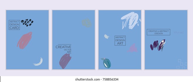 Set of artistic minimal universal card templates in Memphis style with abstract hand drawn doodles. Design for poster, card, invitation. Roughly drawn bright trendy textures. Vector isolated
