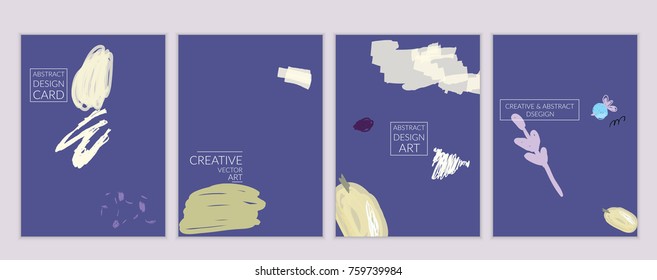 Set of artistic minimal universal card templates with abstract hand drawn doodles. Design for poster, card, invitation. Roughly drawn bright trendy textures. Minimal simple design.Vector isolated