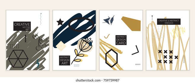 Set of artistic minimal universal card templates in Memphis style with abstract hand drawn doodles. Design for poster, card, invitation. Roughly drawn bright trendy textures. Vector isolated