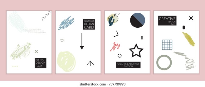 Set of artistic minimal universal card templates in Memphis style with abstract hand drawn doodles. Design for poster, card, invitation. Roughly drawn bright trendy textures. Vector isolated