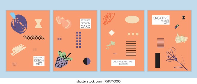 Set of artistic minimal universal card templates in Memphis style with abstract hand drawn doodles. Design for poster, card, invitation. Roughly drawn bright trendy textures. Vector isolated