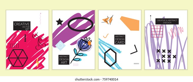 Set of artistic minimal universal card templates in Memphis style with abstract hand drawn doodles. Design for poster, card, invitation. Roughly drawn bright trendy textures. Vector isolated