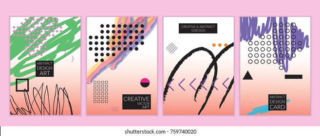 Set of artistic minimal universal card templates in Memphis style with abstract hand drawn doodles. Design for poster, card, invitation. Roughly drawn bright trendy textures. Vector isolated