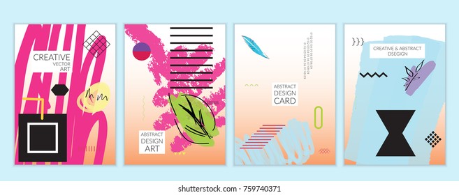 Set of artistic minimal universal card templates in Memphis style with abstract hand drawn doodles. Design for poster, card, invitation. Roughly drawn bright trendy textures. Vector isolated