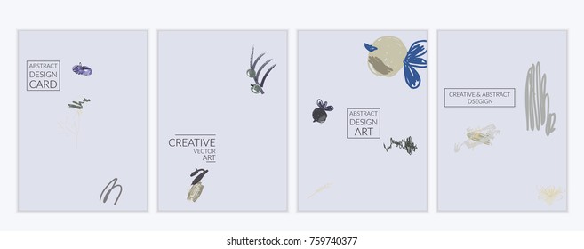Set of artistic minimal universal card templates in Memphis style with abstract hand drawn doodles. Design for poster, card, invitation. Roughly drawn bright trendy textures. Vector isolated