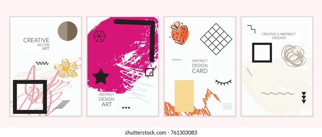 Set of artistic minimal universal card templates in Memphis style with abstract hand drawn doodles. Design for poster, card, invitation. Roughly drawn bright trendy textures. Vector isolated